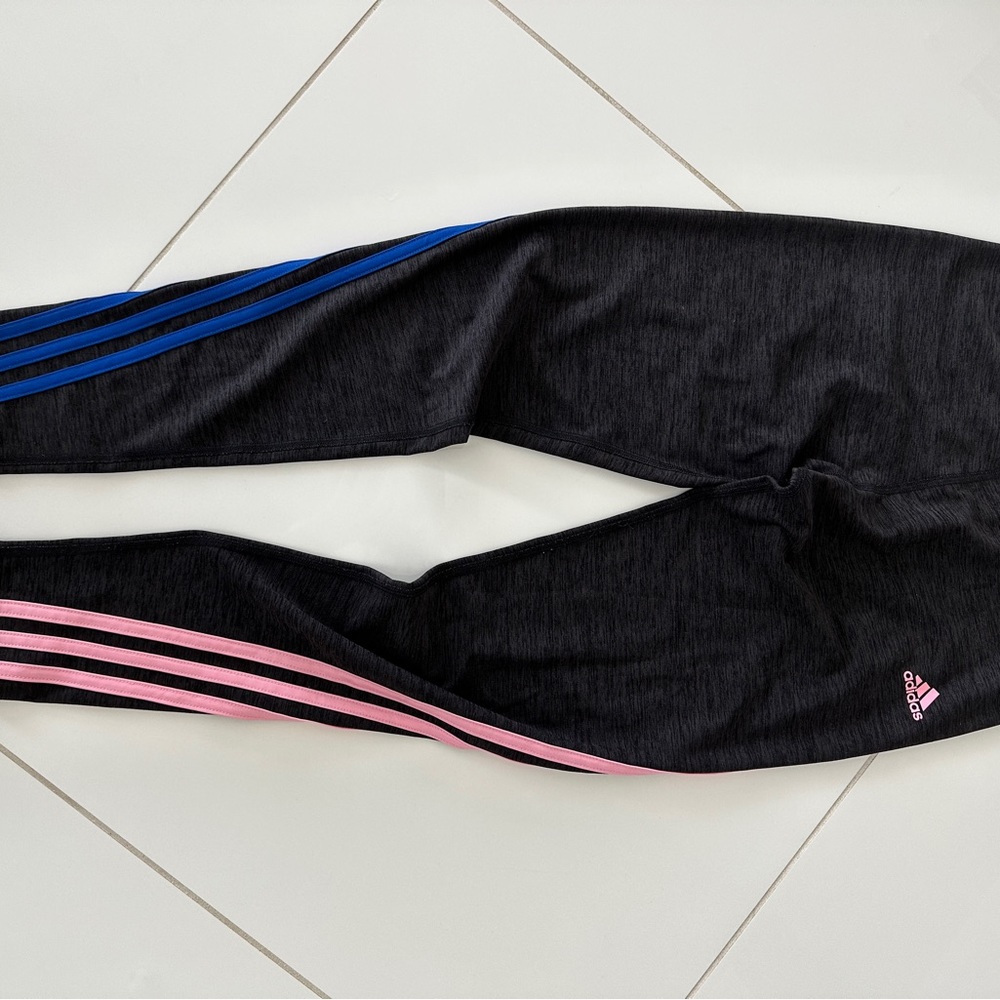 adidas black leggings with blue and pink stripes size Large (14)